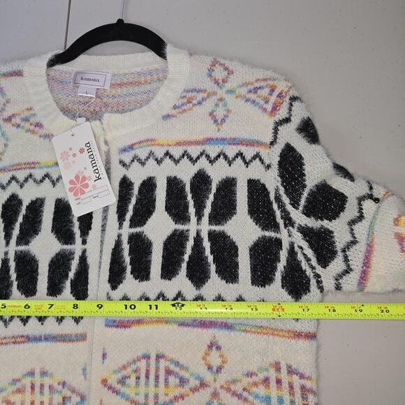 Kamana Cardigan Sweater Womens Large White Black Geometric Long Line Knit Cozy - Picture 7 of 10